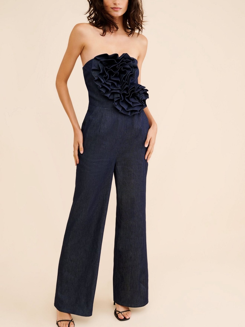 Anthropologie Strapless Navy Ruffle Wide-Leg Jumpsuit M